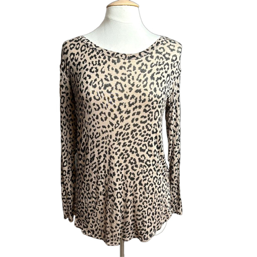 Women's sheer Bobeau Leopard Print long sleeve Top Size S Tan